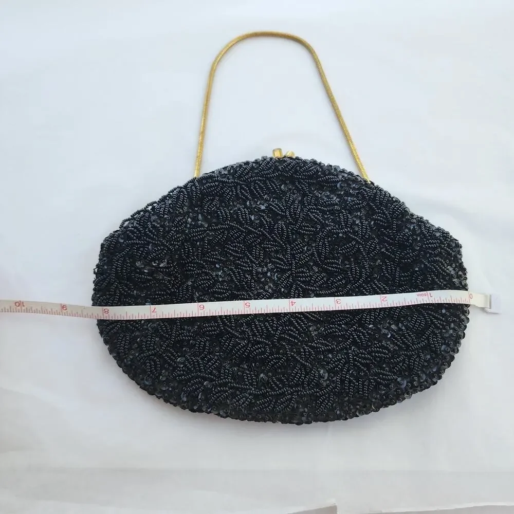 All Over Beaded Clutch Evening Bag Black Satin Vintage Handmade‎ In Hong Kong